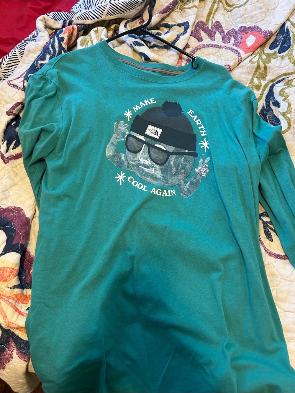 The North Face Teal Long-Sleeve Tee with Globe Graphic